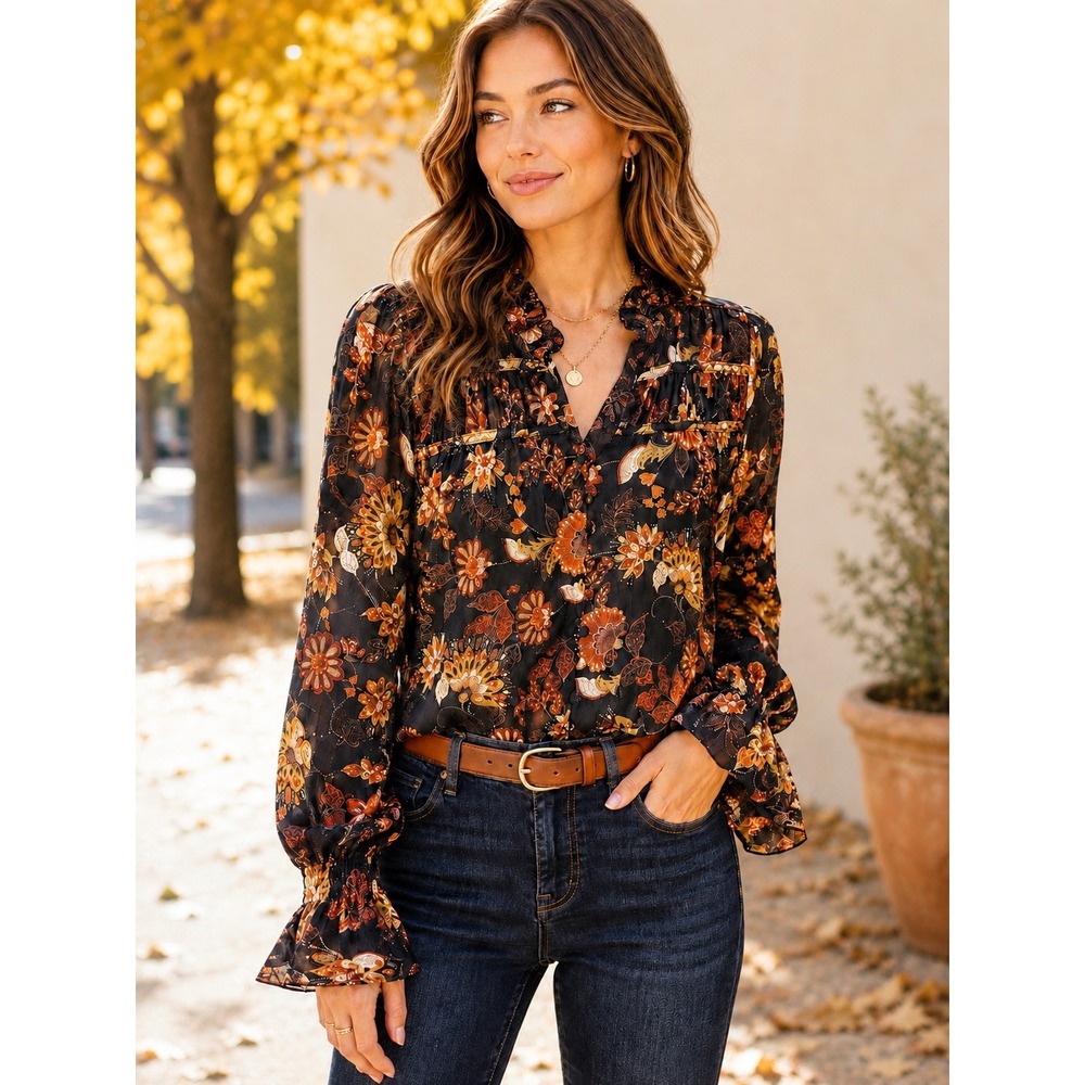 NWT EVEREVE Whimsygoth Floral Boho Gathered Blouse Fall Ruffle Top Black Sz S